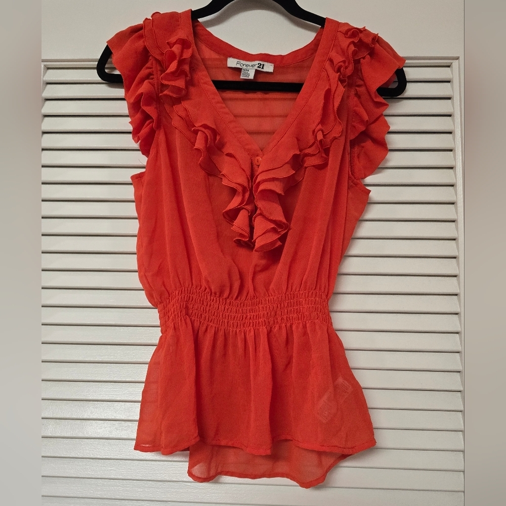 Forever 21 - Orange Sleeveless Lightweight Ruffle Top